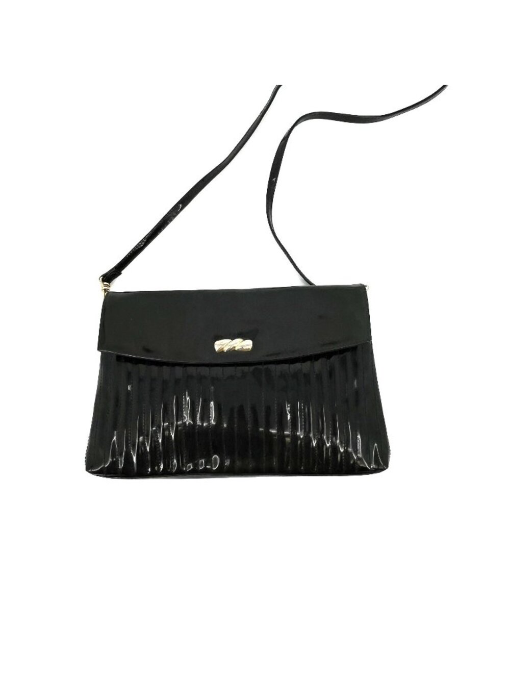 Amanda Smith Clutch Black Patent Synthetic Snap Gold Tone Detachable Strap Lined